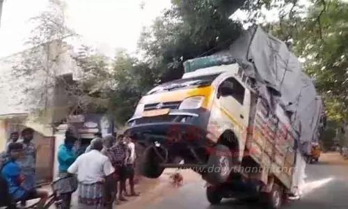 மரக்கிளையில் சிக்கி அந்தரத்தில் தொங்கிய மினி லாரி