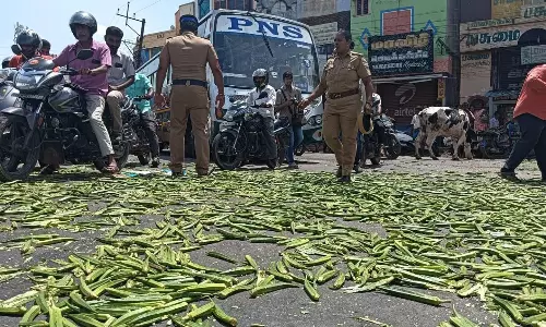 வெண்டைக்காயை ரோட்டில் கொட்டி விவசாயிகள் போராட்டம்