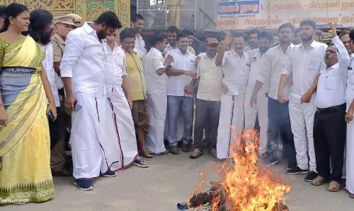 உதயநிதி ஸ்டாலின் தலைக்கு ரூ.10 கோடி என்று அறிவித்தசாமியார் உருவ பொம்மை எரிப்பு :தி.மு.க.வினர் போராட்டம்