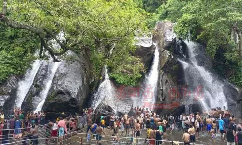 குற்றாலம் ஐந்தருவியில் ஆர்ப்பரிக்கும் தண்ணீர்