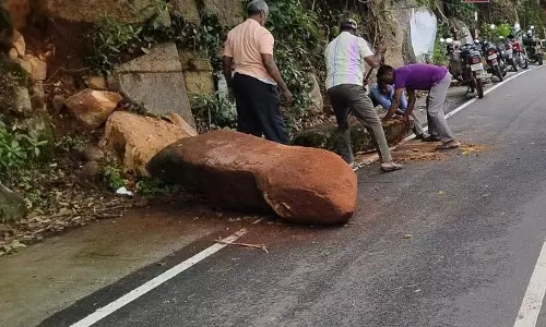 தொடர் மழை காரணமாக சாலையில் சரிந்து விழுந்த பாறைகள் தொடர் மழை காரணமாக சாலையில் சரிந்து விழுந்த பாறைகள்