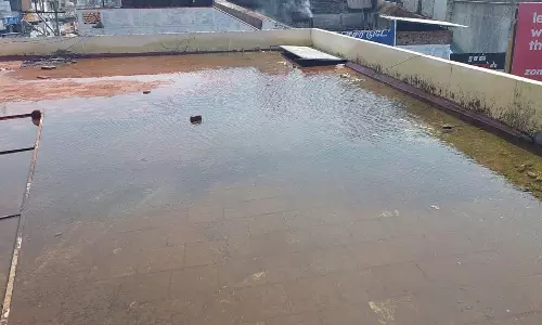 விழுப்புரம் பழைய பஸ் நிலைய        வணிக வளாக கடைகளின் மேற்கூரையில் 10 நாட்களாக தேங்கி நிற்கும் மழைநீர்;            நகராட்சி நிர்வாகம் அலட்சியமாக இருப்பதாக வியாபாரிகள் குற்றச்சாட்டு