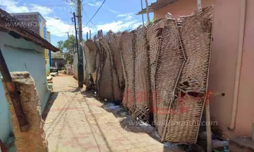 சாலையில் நடக்கக்கூடாது எனக்கூறி வீட்டு வாசல் ஓலை வைத்து அடைப்பு; குறைதீர்க்கும் கூட்டத்தில் பெண் பரபரப்பு புகார்