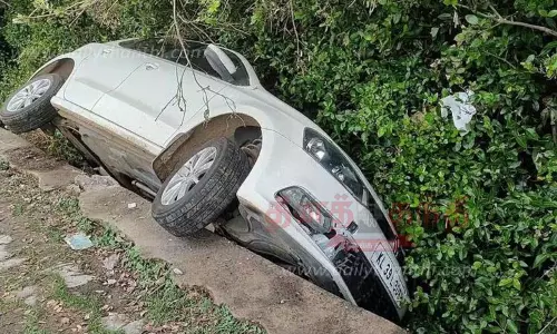 தாறுமாறாக ஓடி பள்ளத்தில் கவிழ்ந்த கார்