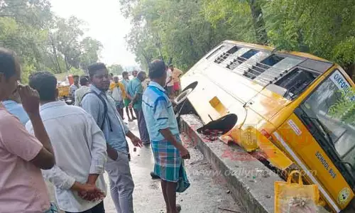 தனியார் பள்ளி வேன் பாலத்தில் மோதி கவிழ்ந்தது