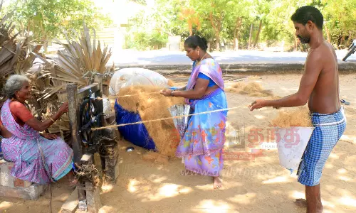 பிளாஸ்டிக், நரம்பு கயிறு வருகையால் தேங்காய் நார் கயிறு விற்பனை மந்தம்