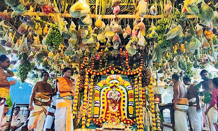 புரட்டாசி மாத பவுர்ணமியை முன்னிட்டு திருவேற்காடு தேவி கருமாரியம்மன் கோவிலில் 5 டன் காய்கறி, பழங்களால் நிறைமணி காட்சி