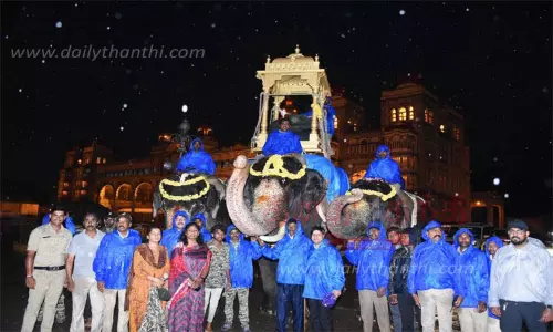 மைசூரு அரண்மனையில் அபிமன்யு யானைக்கு மரத்தால் ஆன அம்பாரி சுமக்கும் பயிற்சி மைசூரு அரண்மனையில் அபிமன்யு யானைக்கு மரத்தால் ஆன அம்பாரி சுமக்கும் பயிற்சி