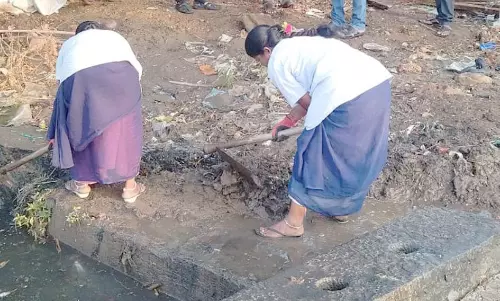 மழை நீர் வடிகாலில் தூர்வாரும் பணி மழை நீர் வடிகாலில் தூர்வாரும் பணி