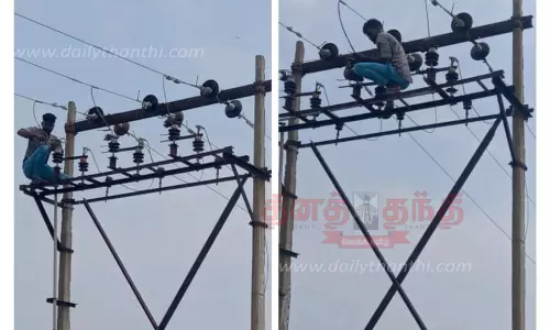 மின்கம்பங்களில் புதிய இன்சுலேட்டர் பொருத்தும் பணி