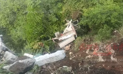 திம்பம் மலைப்பாதையில்தடுப்புச்சுவரை உடைத்துக்கொண்டு100 அடி பள்ளத்தில் பாய்ந்த சரக்கு வேன்டிரைவர் காயம்