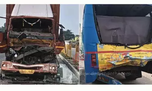 பஸ் மீது கன்டெய்னர் லாரி மோதல்; 6 பேர் படுகாயம் பஸ் மீது கன்டெய்னர் லாரி மோதல்; 6 பேர் படுகாயம்