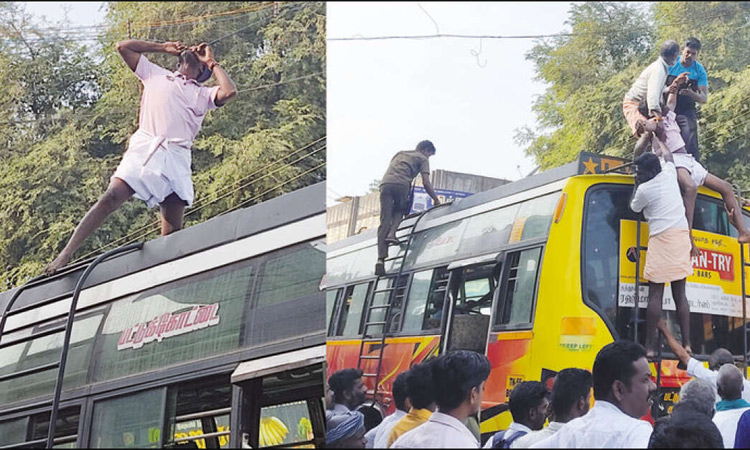 பஸ்சின் மேற்கூரையில் ஏறி மின்வயரை கடித்த வாலிபர்.. பயணிகள் பீதி