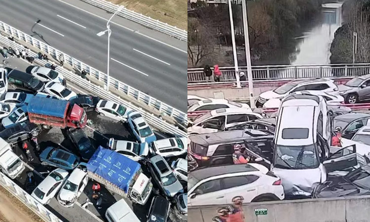 சீனாவை மிரட்டும் வானிலை.. பனி படர்ந்த எக்ஸ்பிரஸ் சாலையில் 100-க்கும் மேற்பட்ட கார்கள் மோதி விபத்து