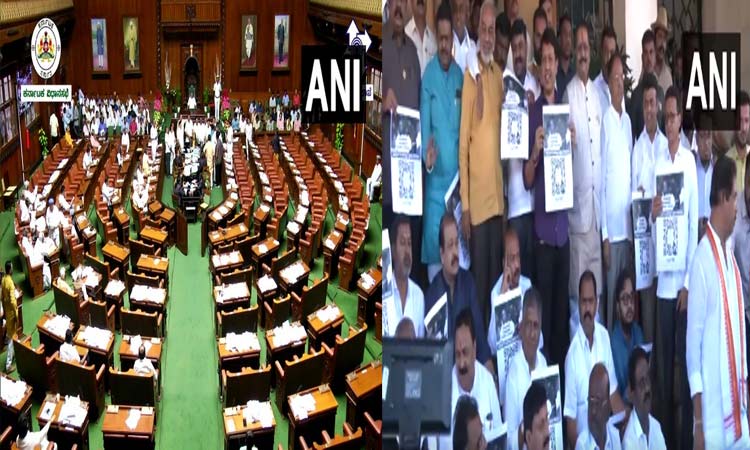 கர்நாடக சட்டசபையில் பா.ஜ.க. எம்.எல்.ஏ.க்கள் அமளியில் ஈடுபட்டதால் பரபரப்பு