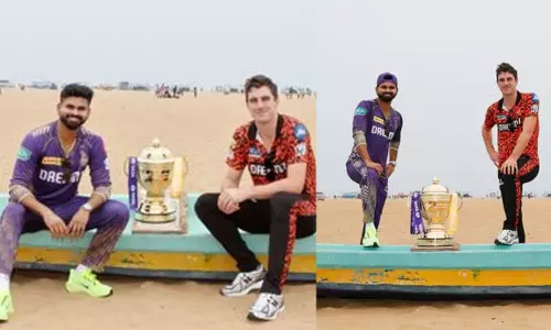 சென்னை மெரினா கடற்கரையில் ஐபிஎல் கோப்பையுடன் இரு அணிகளின் கேப்டன்கள்..