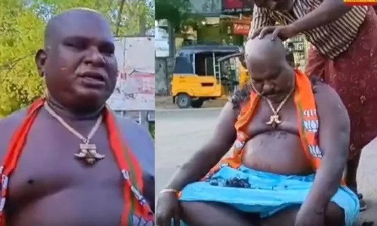 கோவையில் அண்ணாமலை தோல்வி: சாலையில் அமர்ந்து மொட்டை அடித்துக்கொண்ட பாஜக நிர்வாகி