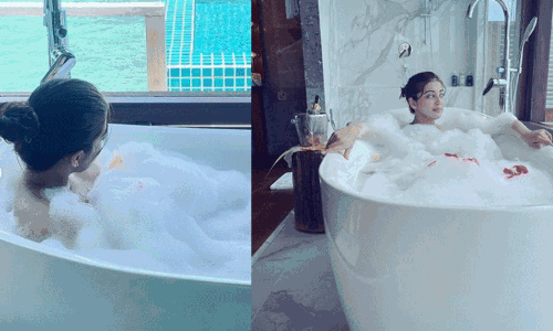 குளியலறை தொட்டியில் அரை நிர்வாண கோலத்தில் பிரணிதா: ரசிகர்கள் எதிர்ப்பு