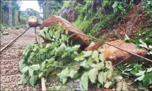 ரெயில் வரும்போது தண்டவாளத்தில் உருண்டு விழுந்த பாறை... என்ஜின் டிரைவரின் சாமர்த்தியத்தால் பெரும் விபத்து தவிர்ப்பு