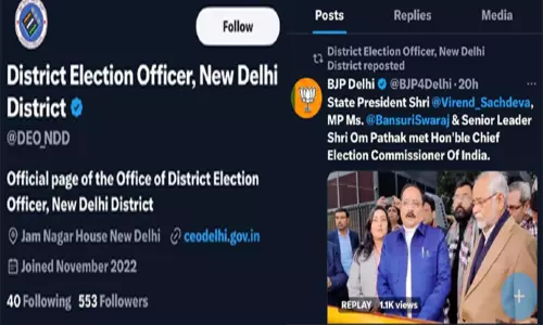 டெல்லி தேர்தல் அலுவலரின் எக்ஸ் தள பக்கத்தில், பாஜக குறித்த செய்தி பகிரப்பட்டதால் அதிர்ச்சி