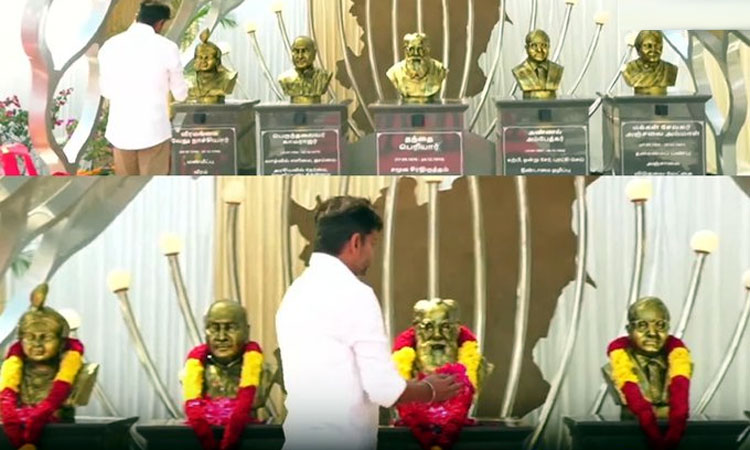 தவெக கொள்கை தலைவர்களின் சிலைகளை திறந்து வைத்தார் விஜய்