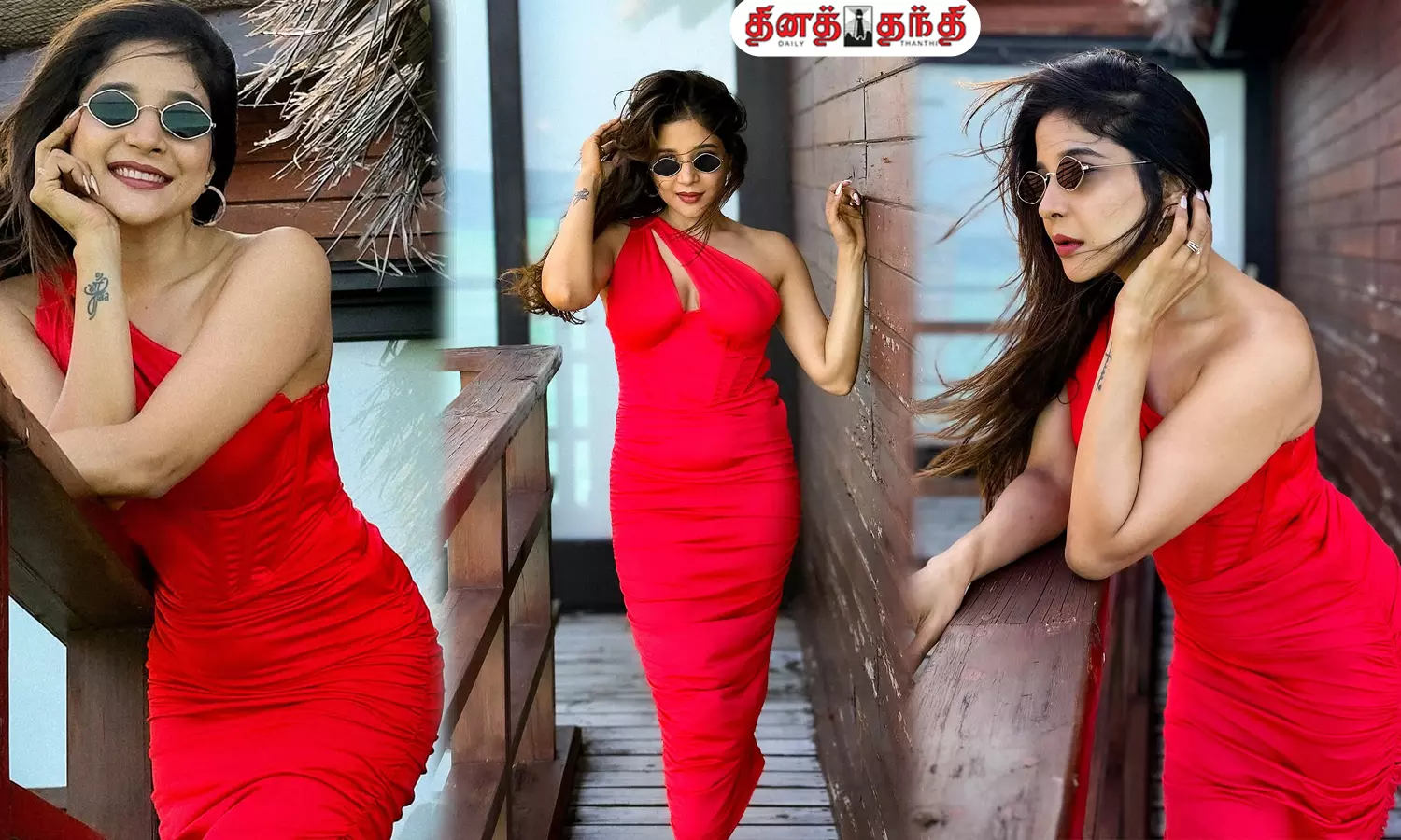 கண்கள் சிவக்கும் நிலையில்... சிவப்பு உடையில் நடிகை சாக்ஷி அகர்வால்..!