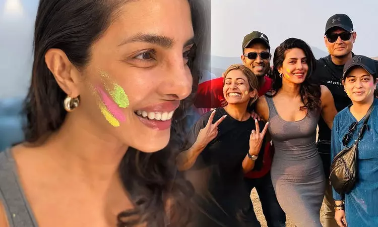 Priyanka Chopras Holi celebration from sets of SS Rajamoulis next with Mahesh Babu