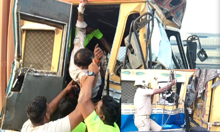 கும்மிடிப்பூண்டி: மணல் லாரி மீது மோதல்...உள்ளேயே சிக்கி தவித்த கண்டெய்னர் ஓட்டுநர் - வீடியோ