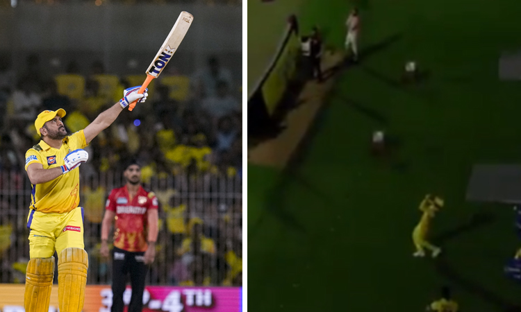 ஒற்றை கையால் சிக்சர் அடித்த தோனி.. கேட்ச் பிடித்த ஜடேஜா.. வீடியோ வைரல்