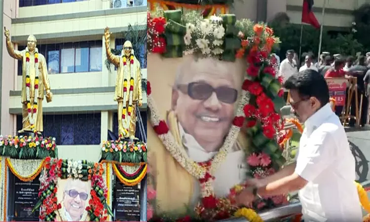 102-வது பிறந்தநாள்: கருணாநிதி சிலைக்கு முதல்-அமைச்சர் மு.க.ஸ்டாலின் மரியாதை