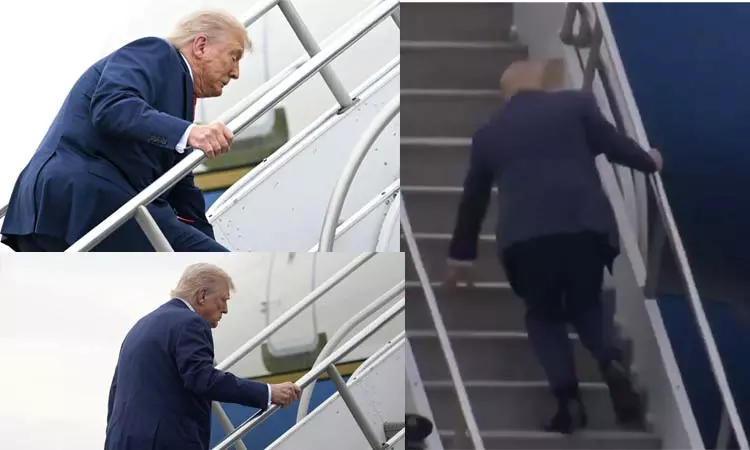 விமானத்தில் ஏறும்போது தடுமாறிய டொனால்டு டிரம்ப் - வைரல் வீடியோ விமானத்தில் ஏறும்போது தடுமாறிய டொனால்டு டிரம்ப் - வைரல் வீடியோ