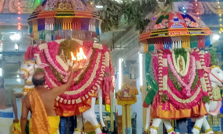 ஒரே சமயத்தில் இரண்டு ரிஷப வாகனங்கள்..  சுவாமி, அம்பாள் எழுந்தருளிய அற்புத காட்சி