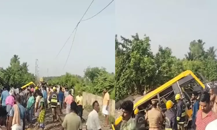 கடலூர்:  பள்ளி வேன் மீது ரெயில் மோதி கோர விபத்து; 2 பேர் பலி - ரெயில் சேவை பாதிப்பு