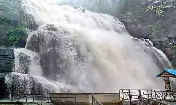 குற்றால அருவிகளில் வெள்ளப்பெருக்கு.. சுற்றுலா பயணிகள் குளிக்க தடை