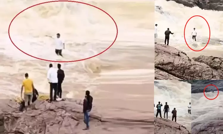 அருவியை வீடியோ எடுத்தபோது வெள்ளத்தில் அடித்துசெல்லப்பட்ட யூடியூபர் - அதிர்ச்சி வீடியோ