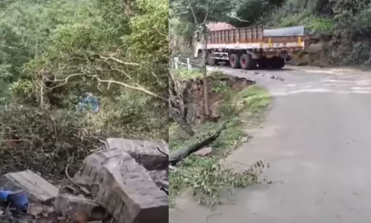 500 அடிபள்ளத்தில் லாரி கவிழ்ந்து விபத்து: நல்வாய்ப்பாக தப்பிய 2 பேர்