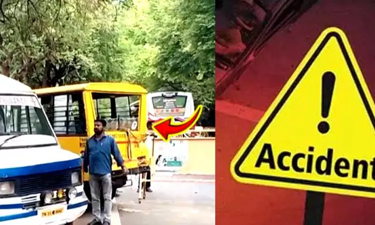 பள்ளி வேன் மீது பேருந்து மோதி காவலாளி பலி