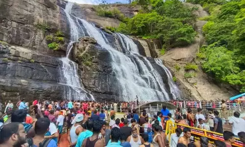 விடுமுறை தினம்: குற்றாலத்தில் சுற்றுலா பயணிகள் ஆனந்த குளியல் விடுமுறை தினம்: குற்றாலத்தில் சுற்றுலா பயணிகள் ஆனந்த குளியல்