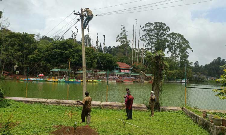 ஏற்காடு படகு இல்லத்தில் தாழ்வாக தொங்கிய மின் கம்பிகள் சீரமைப்பு