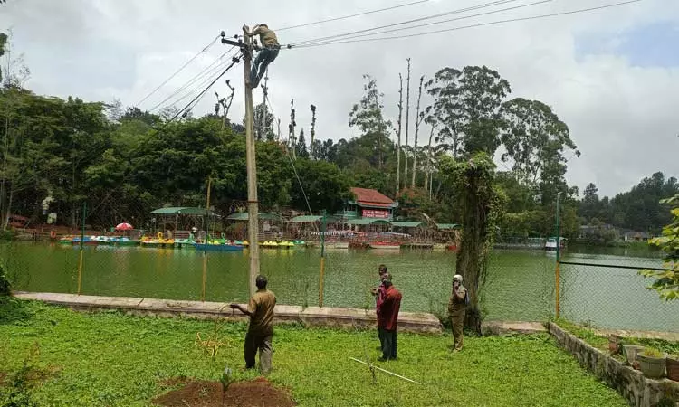 ஏற்காடு படகு இல்லத்தில் தாழ்வாக தொங்கிய மின் கம்பிகள் சீரமைப்பு