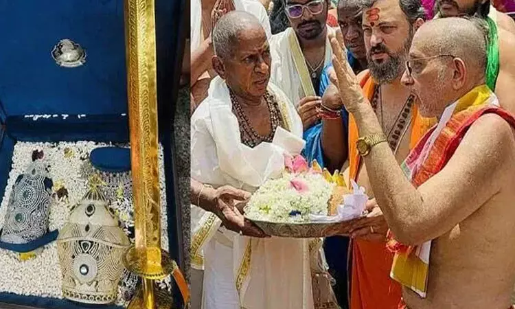 மூகாம்பிகை கோவிலுக்கு வைர கிரீடங்கள், தங்க வாள் காணிக்கையாக வழங்கிய இளையராஜா மூகாம்பிகை கோவிலுக்கு வைர கிரீடங்கள், தங்க வாள் காணிக்கையாக வழங்கிய இளையராஜா