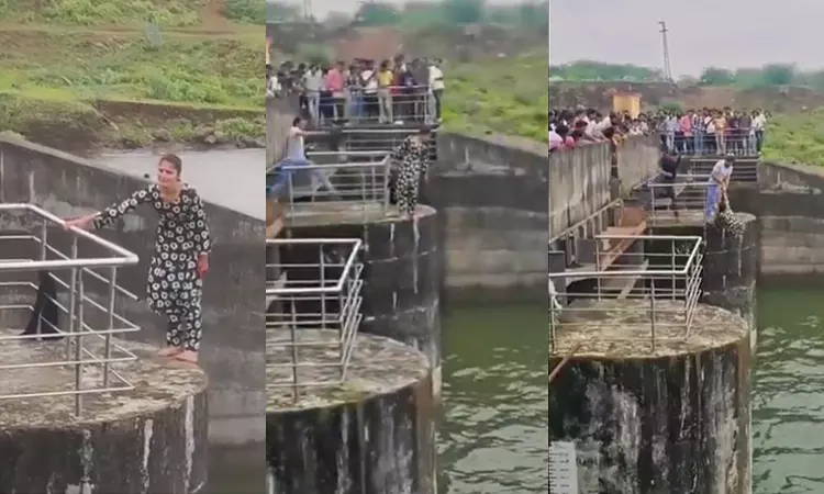 அணையில் குதித்து தற்கொலைக்கு முயன்ற இளம்பெண்; துணிச்சலாக செயல்பட்ட இளைஞர்:  வைரலான வீடியோ