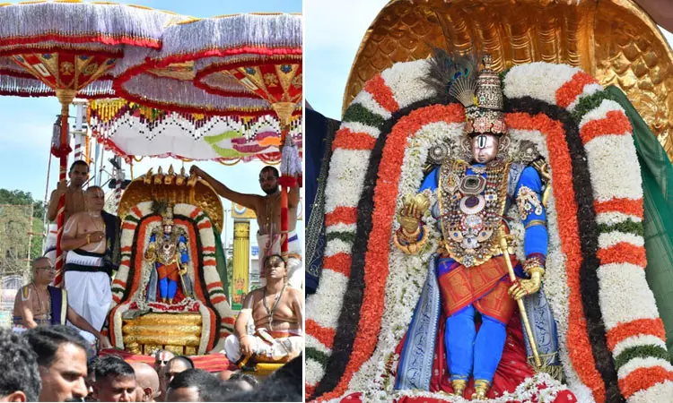 திருப்பதி பிரம்மோற்சவ விழா.. சின்ன சேஷ வாகனத்தில் வீதிஉலா வந்த மலையப்ப சுவாமி