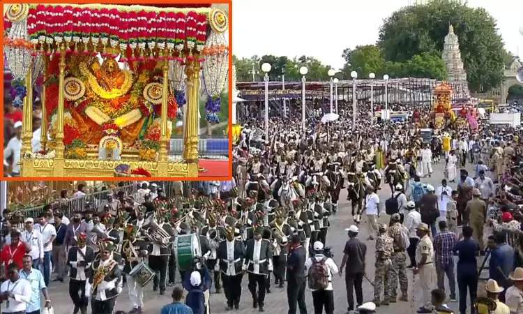 மைசூரு தசரா விழாவில் ஜம்பு சவாரி.. தங்க அம்பாரியில் யானை மீதேறி வலம் வரும் சாமுண்டீஸ்வரி அம்மன்