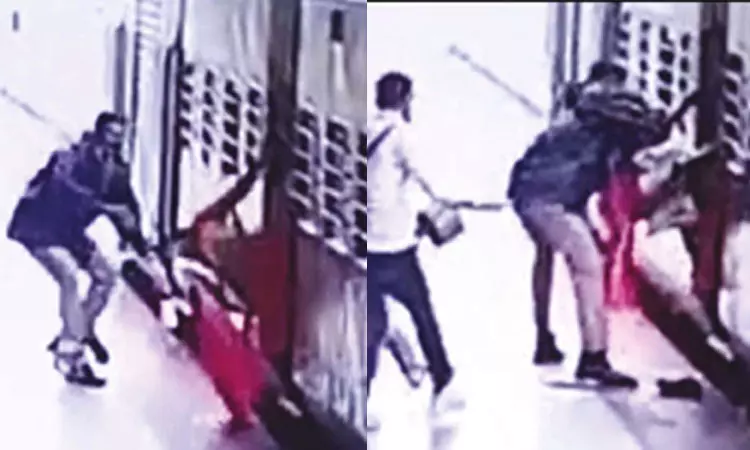 அரியலூரில் ஓடும் ரெயிலில் இருந்து தவறி விழுந்த பெண்ணை காப்பாற்றிய போலீஸ்காரர்