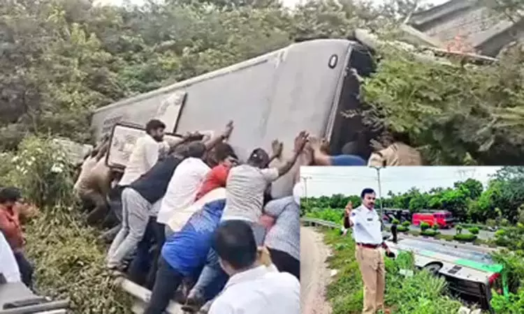 தெலுங்கானா: ஆம்னி பஸ் கவிழ்ந்து விபத்து - 9 பேர் காயம் தெலுங்கானா: ஆம்னி பஸ் கவிழ்ந்து விபத்து - 9 பேர் காயம்