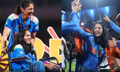 மகளிர் உலக கோப்பை வெற்றியை சக்கர நாற்காலியில் வந்து கொண்டாடிய பிரதிகா ராவல்