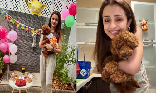 நாய்க்குட்டிக்கு கேக் வெட்டி பிறந்தநாள் கொண்டாடிய திரிஷா