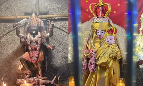 பத்ரகாளி அம்மன் சிலைக்கு அன்னை மேரி போன்று அலங்காரம் செய்த பூசாரி கைது பத்ரகாளி அம்மன் சிலைக்கு அன்னை மேரி போன்று அலங்காரம் செய்த பூசாரி கைது