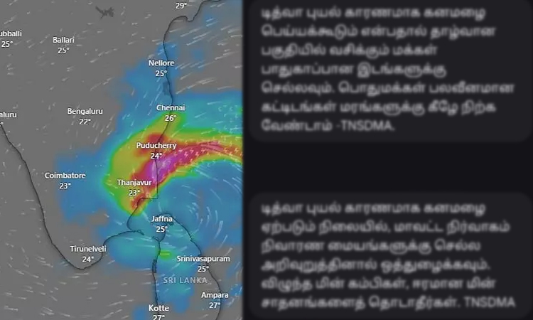 டிட்வா புயல்: குறுஞ்செய்தி மூலம் பொதுமக்களுக்கு எச்சரிக்கை